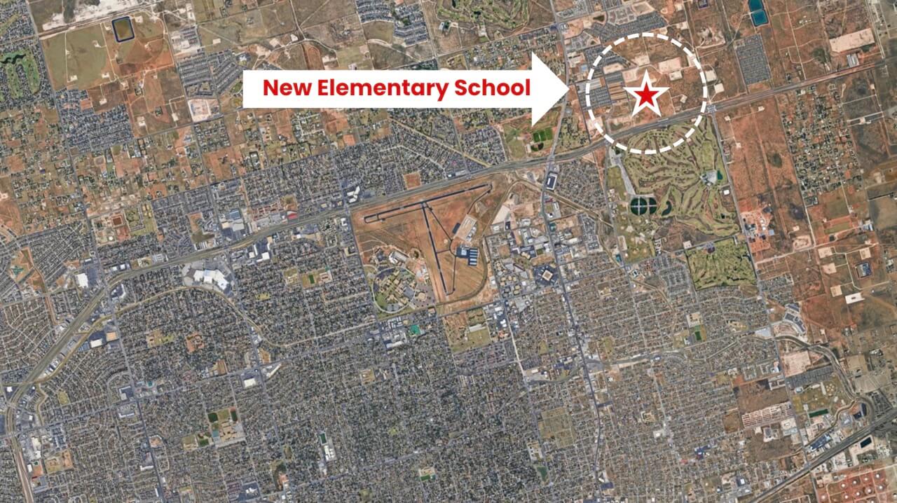Map of Midland with New Elementary School's general location in Lone Star Trails area